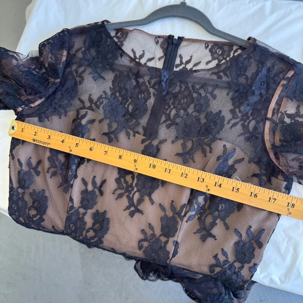 Victor Costa Black Lace Long Sleeve Tiered Mini Dress over Nude Slip - Picture 5 of 14